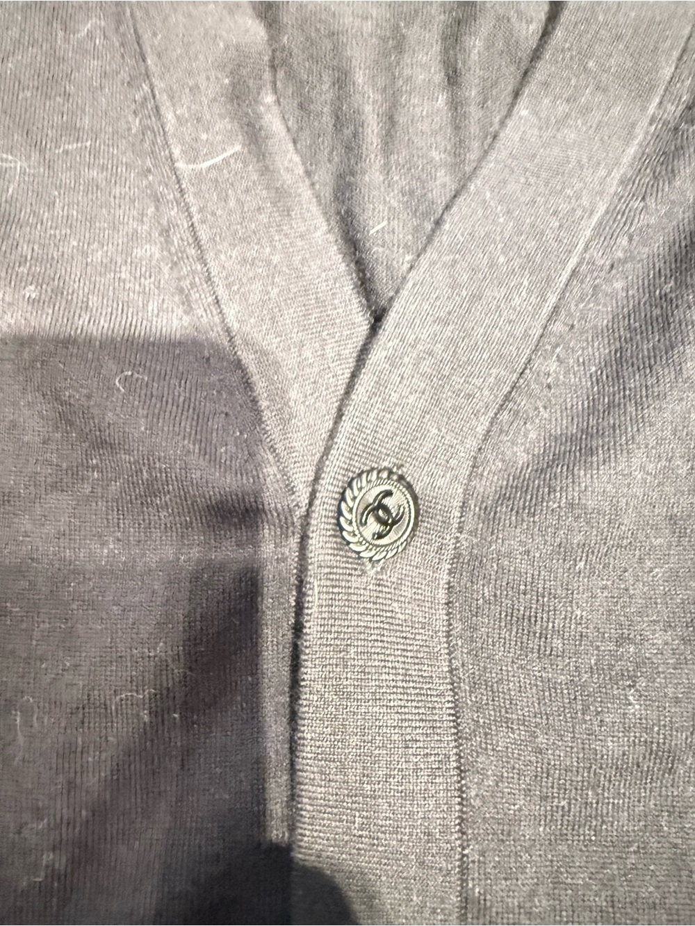 CHANEL Gray V-Neck Cardigan with CC Button